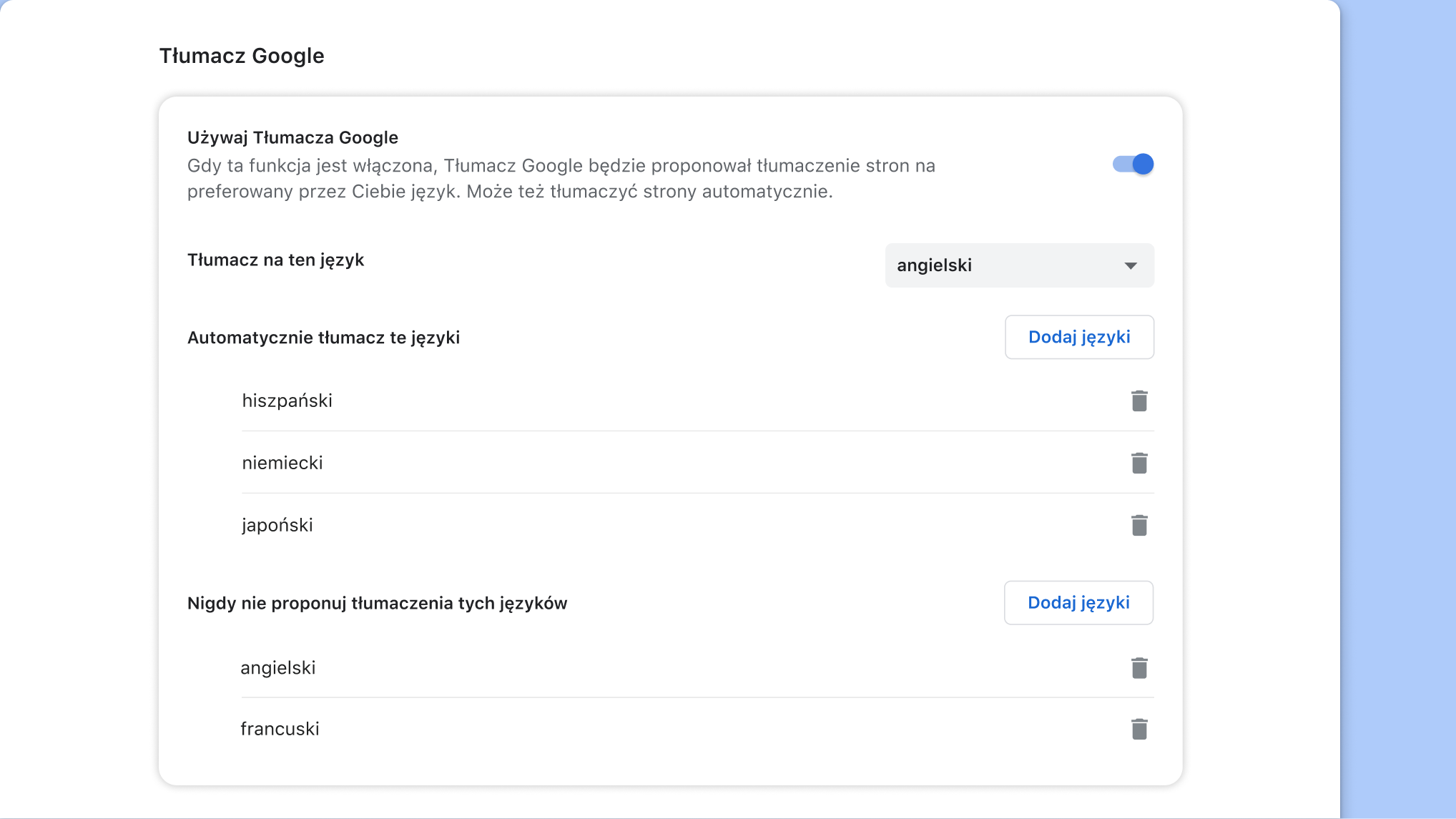 Strona ustawień Tłumacza Google w Chrome