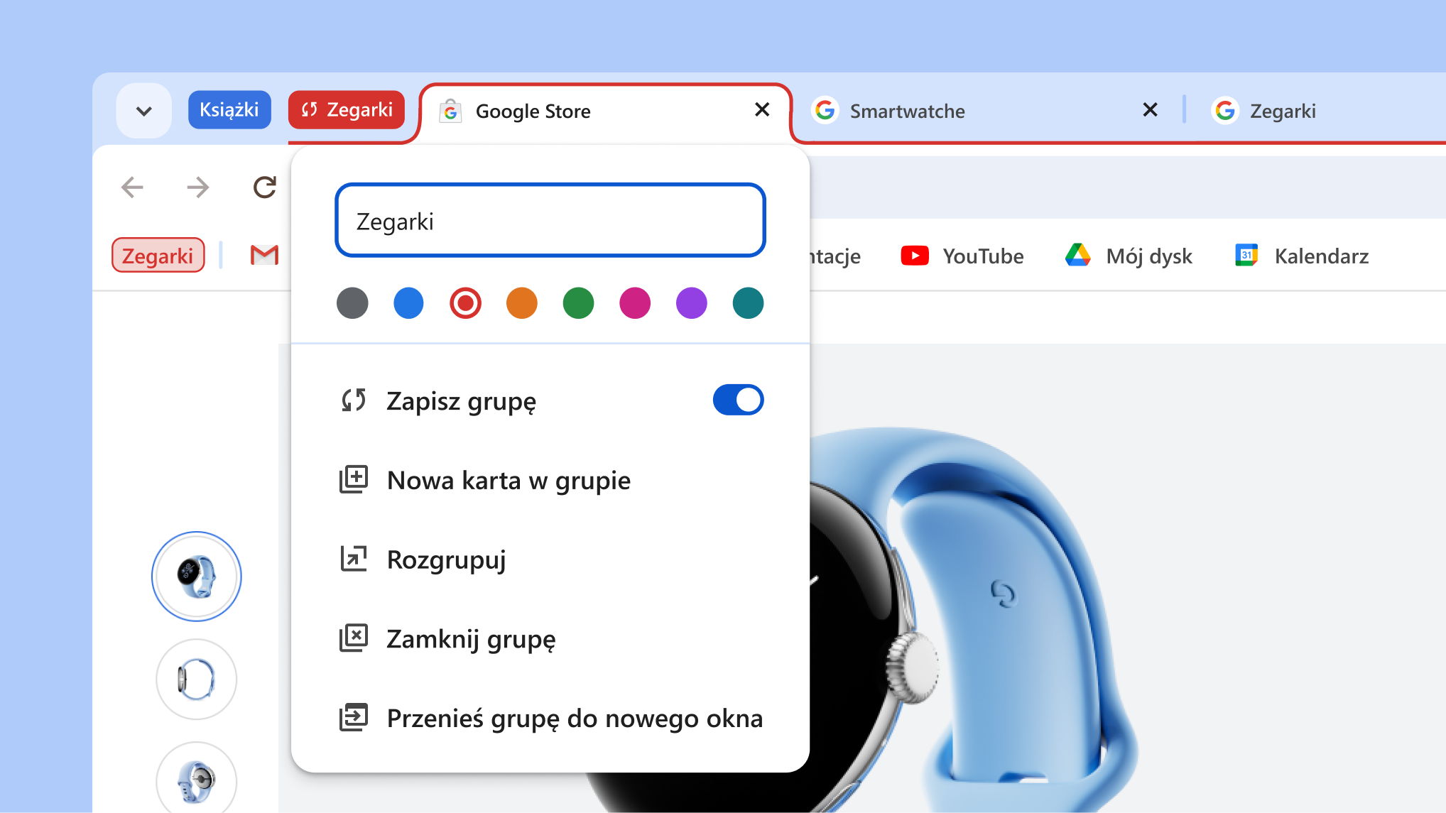 Otwarte menu grupy kart z widocznymi nowymi opcjami zapisywania i ukrywania grupy