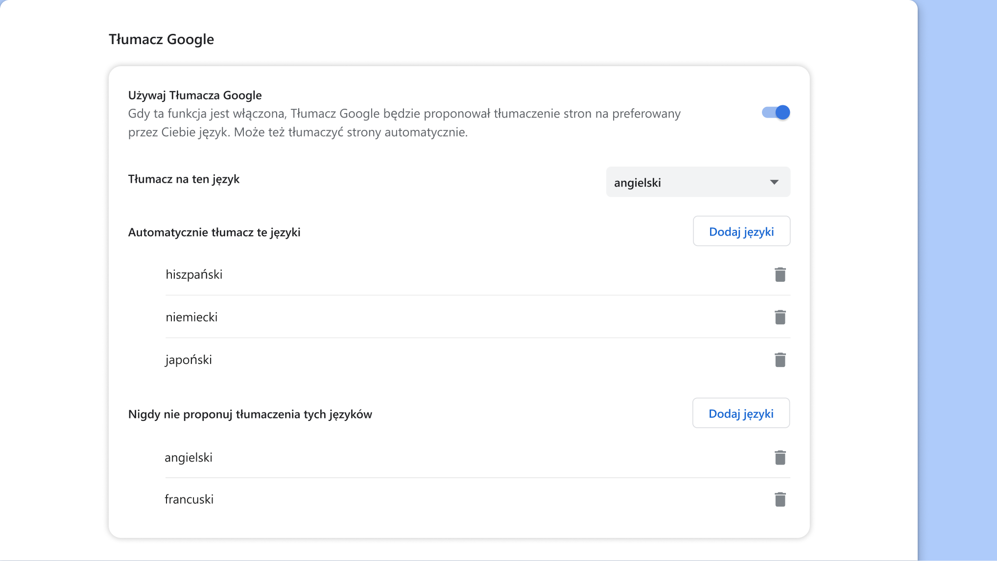 Strona ustawień Tłumacza Google w Chrome