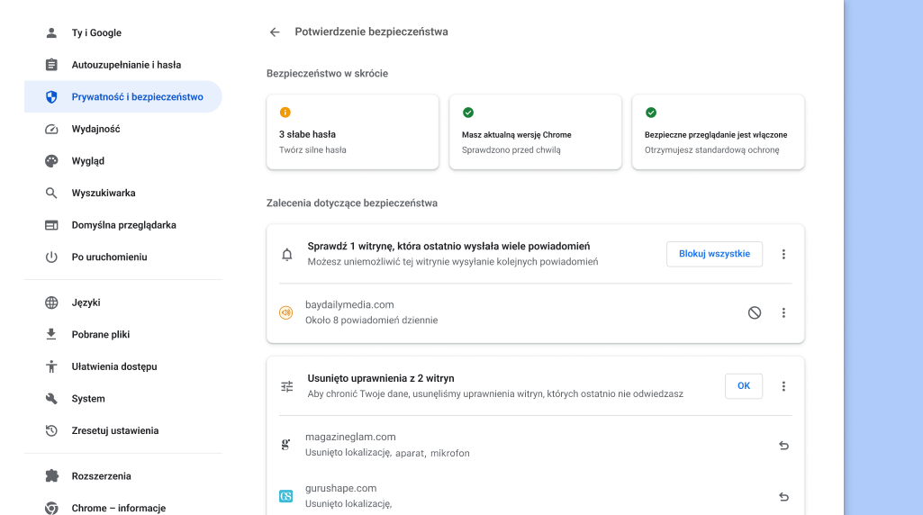 Kontrola zabezpieczeń w Chrome działa w tle. Sprawdza, czy nie występują jakieś problemy z prywatnością i bezpieczeństwem, a następnie wyświetla stan bezpieczeństwa i zalecenia, jak go poprawić.