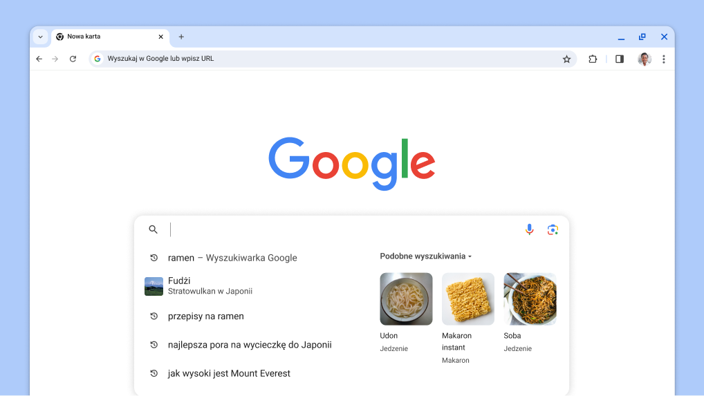 Kursor wyświetla się w polu wyszukiwania z automatycznie wczytywanymi poprzednimi wyszukiwaniami i powiązanymi tematami.