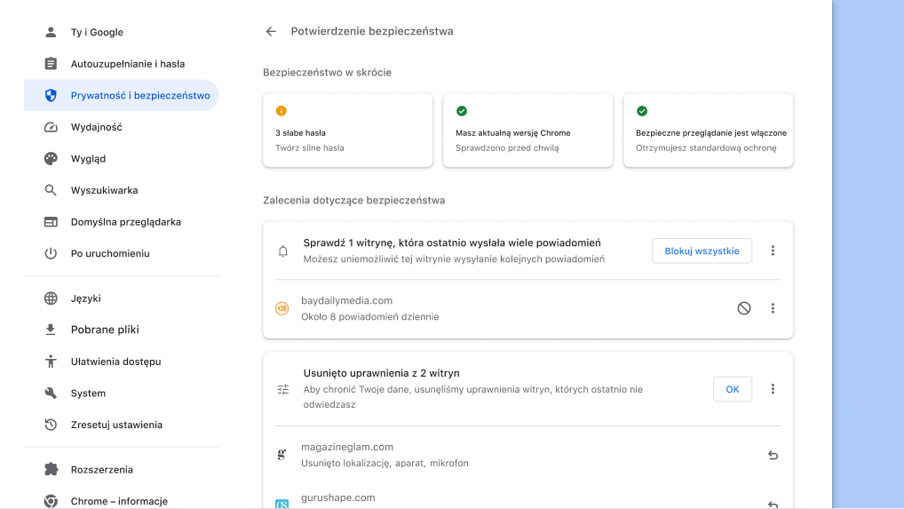 Kontrola zabezpieczeń w Chrome działa w tle. Sprawdza, czy nie występują jakieś problemy z prywatnością i bezpieczeństwem, a następnie wyświetla stan bezpieczeństwa i zalecenia, jak go poprawić.