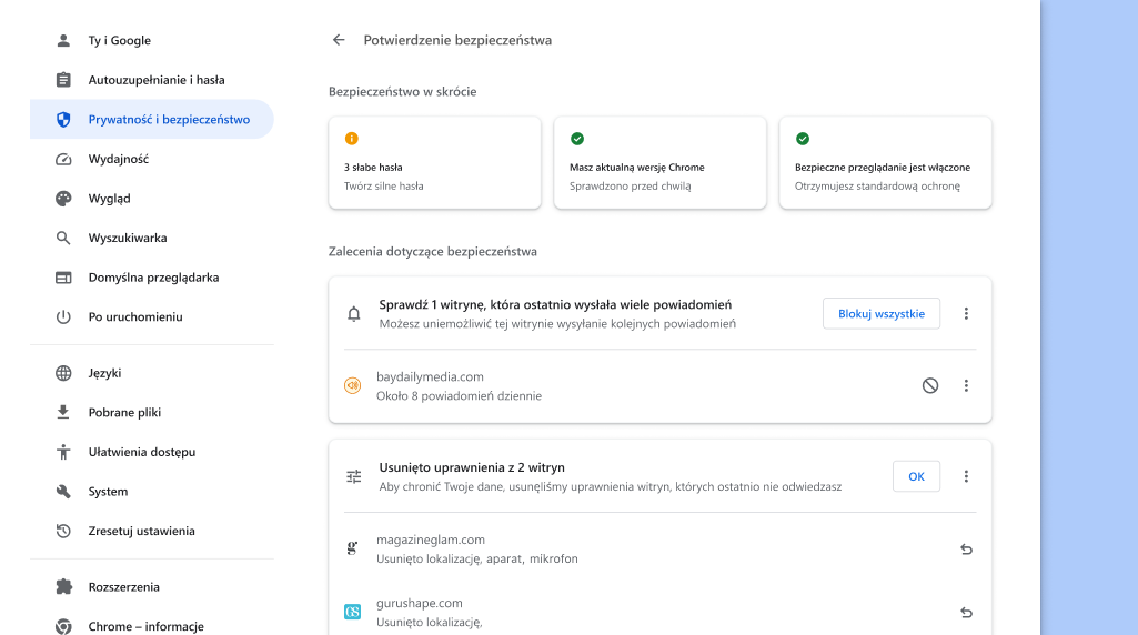 Kontrola zabezpieczeń w Chrome działa w tle. Sprawdza, czy nie występują jakieś problemy z prywatnością i bezpieczeństwem, a następnie wyświetla stan bezpieczeństwa i zalecenia, jak go poprawić.