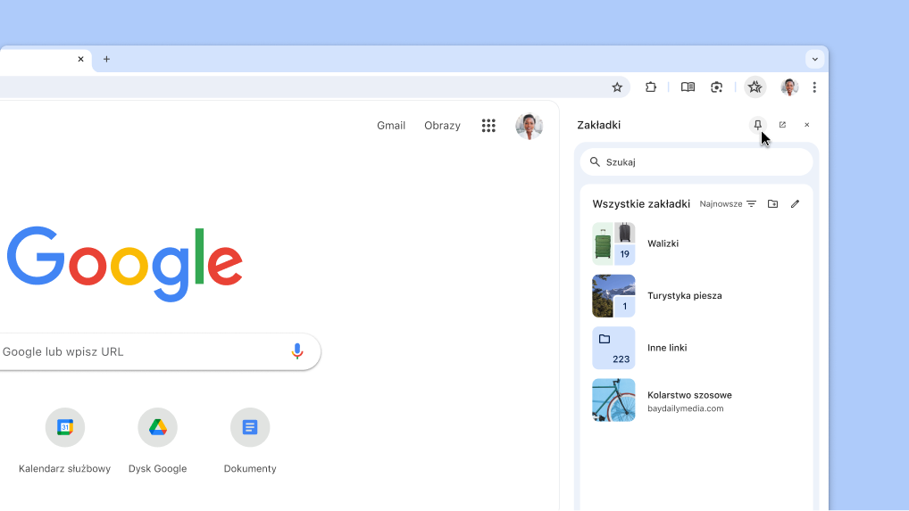 Przypinanie funkcji z panelu bocznego Chrome do paska narzędzi