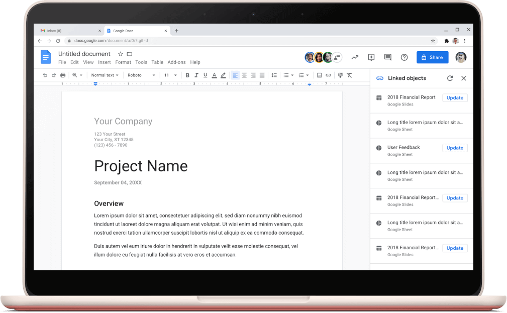 Ekran Dokumentów Google z otwartym szablonem projektu.