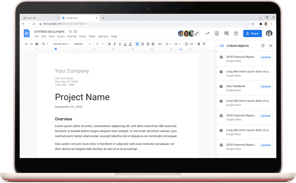 Ekran Dokumentów Google z otwartym szablonem projektu.
