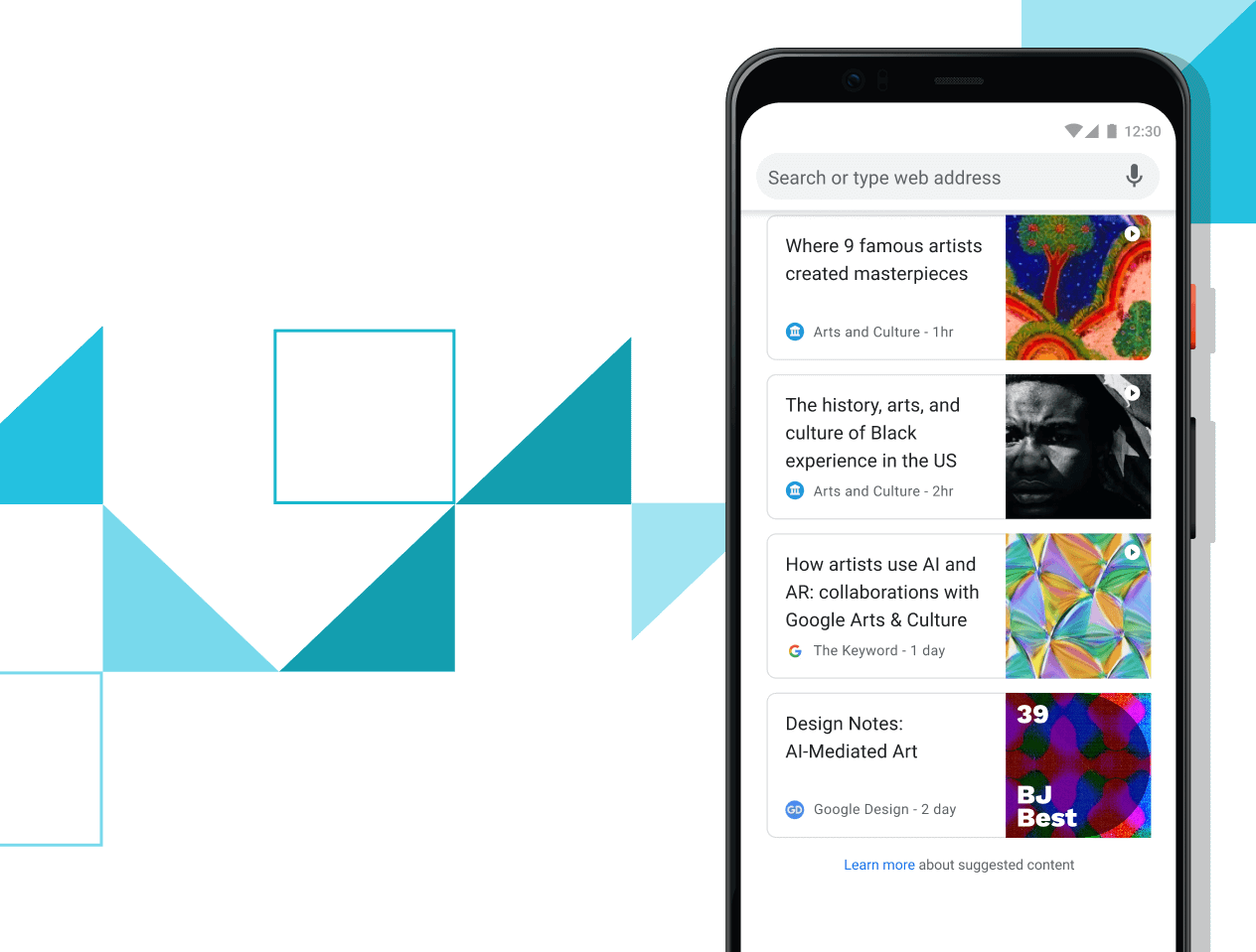 Artykuły dla Ciebie Ekran telefonu Pixel 4 XL wyświetlający linki do wybranych artykułów.