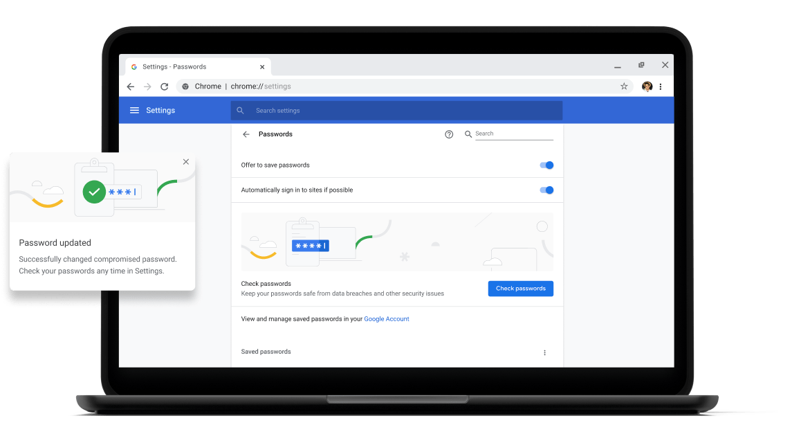 Sprawdzanie hasła Pixelbook Go laptop with screen displaying Chrome password check with a passsword update dialog box.