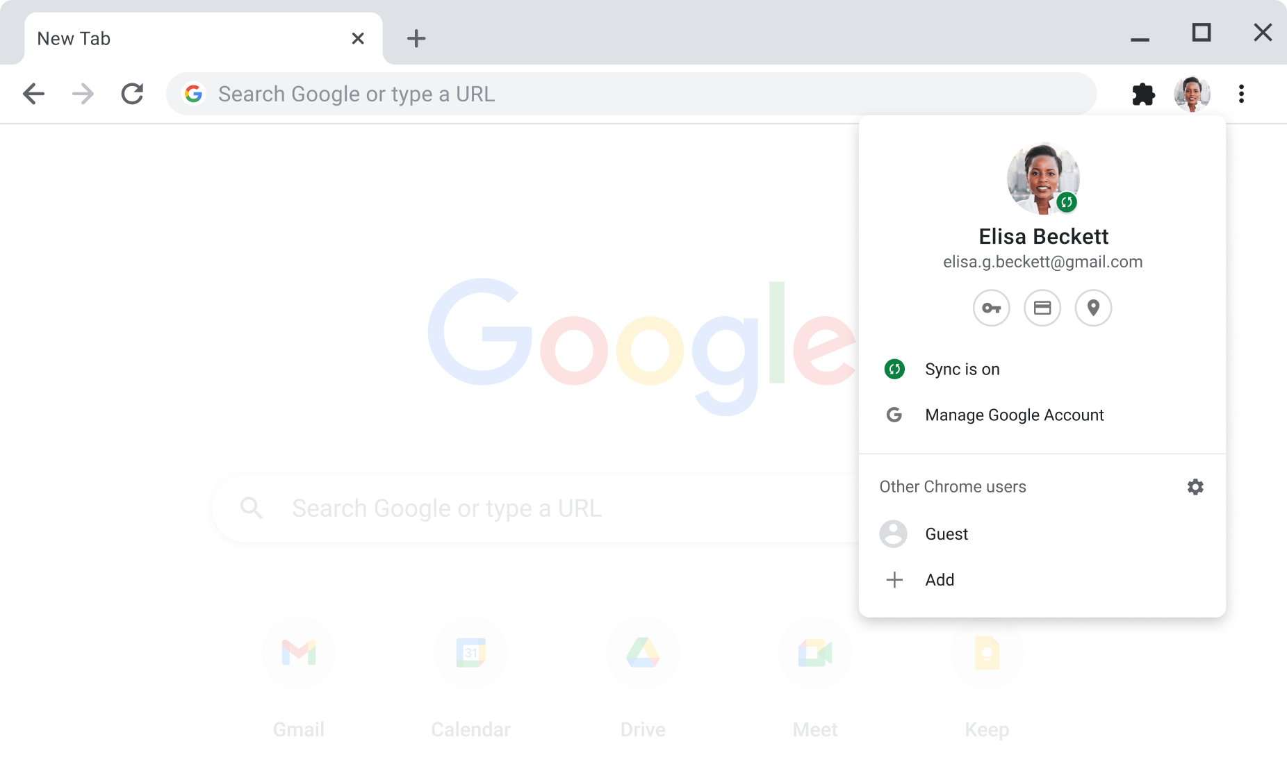 Okno przeglądarki Chrome z otwartą stroną ustawień konta i synchronizacji konta Google, na której synchronizacja jest włączona.