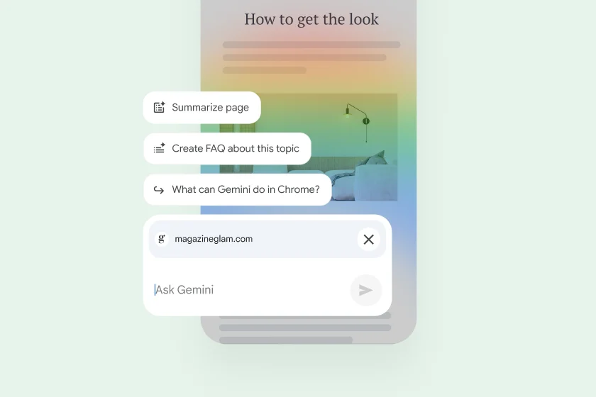 Over a webpage on a mobile phone, controls let the user summarize the page, find related sites, or ask Gemini a question.