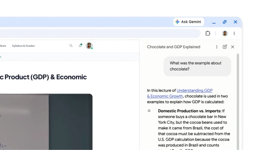 Użytkownik ogląda film edukacyjny i prosi Gemini w Chrome o podanie przykładu z filmu i sygnatur czasowych, w których został on omówiony